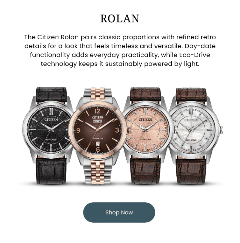 Four Rolan Citizen Eco-Drive watches in black, brown, rose gold with leather and metal bracelets. Click shop now.
