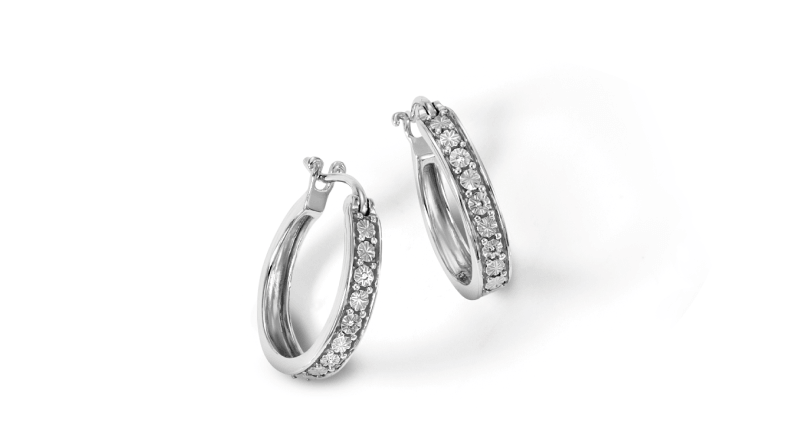 White gold hoop earrings lined with round diamonds along the front.