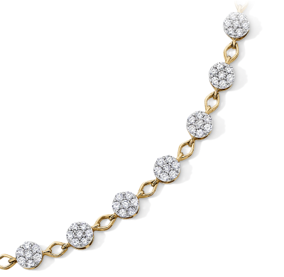 Yellow gold bracelet featuring round diamond clusters linked together.