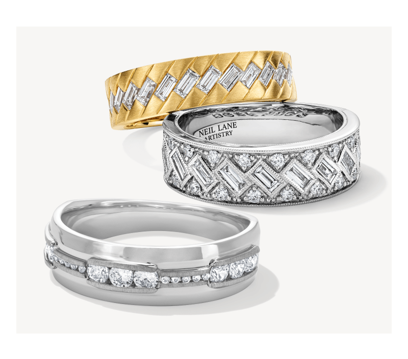 Three diamond bands featuring baguette and round-cut diamonds in geometric designs, in white and yellow gold.