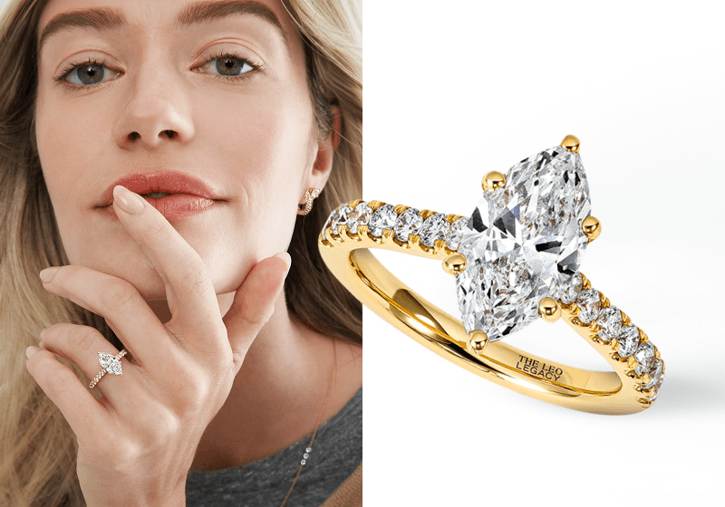 A model wearing a pear-shaped diamond engagement ring beside a matching ring close-up.