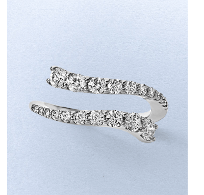 White gold open ring with two rows of round diamonds in a modern bypass design.