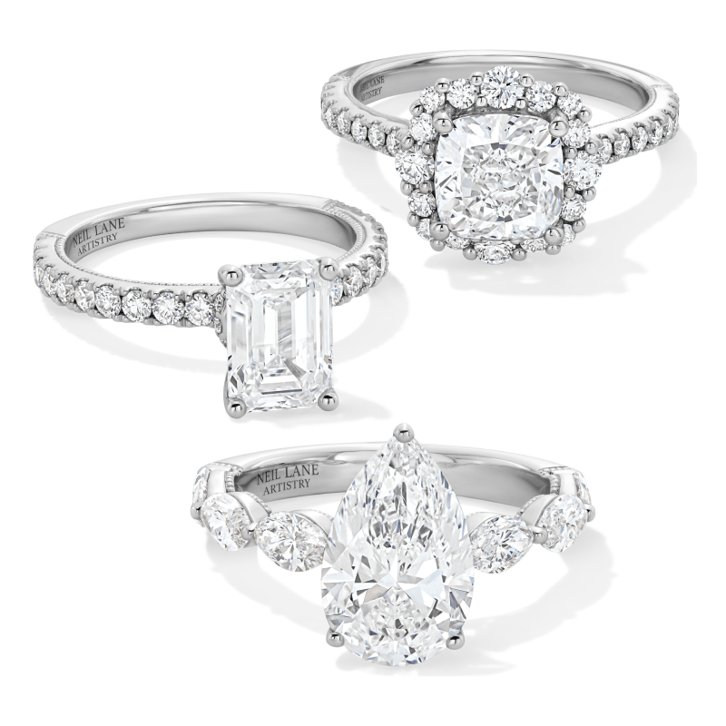 Three diamond engagement rings with emerald-cut, cushion-cut and pear-shaped diamonds with diamond-accented bands.