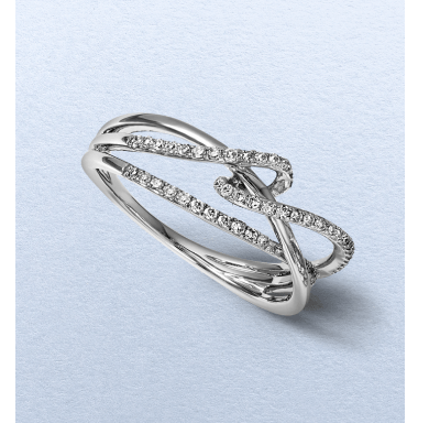 White gold crossover ring with pavé diamond accents in an open, sculptural design.