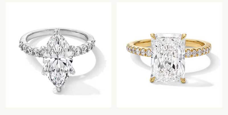 White gold marquise cut ring & yellow gold radiant cut ring with diamonds on bands.