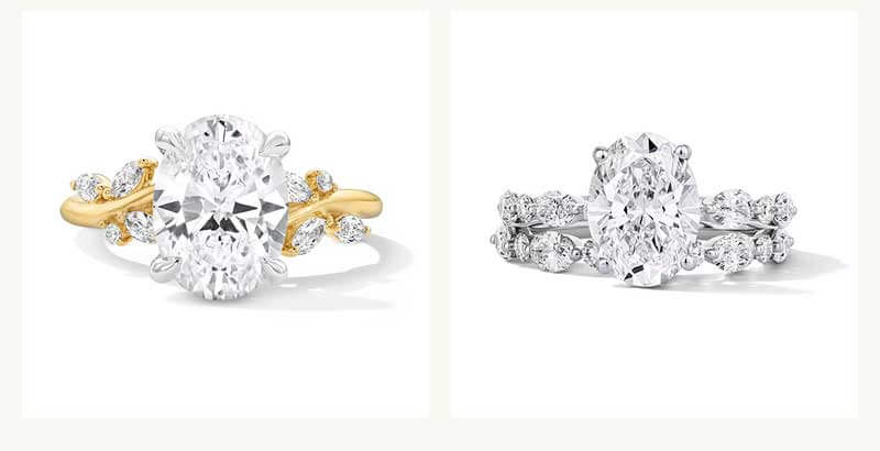 Oval cut diamond ring with nature inspired marquise accents & white gold ring paired with eternity band.