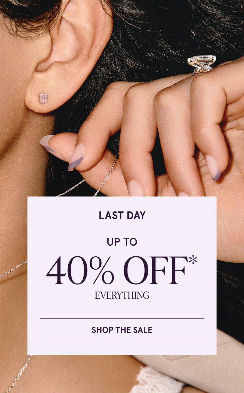 Model in pink gemstone studs & large diamond ring. Last day. Up to 40% OFF Everything. Click here to shop the sale