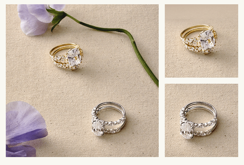 Elegant gold & silver bridal ring sets with delicate purple flowers.