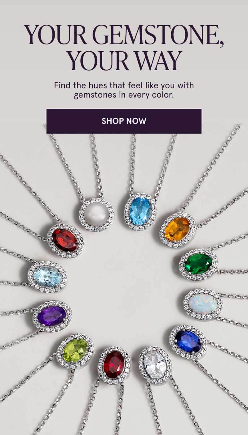 Various colored gemstone pendants on chains. Gemstones, your way. Click here to shop now
