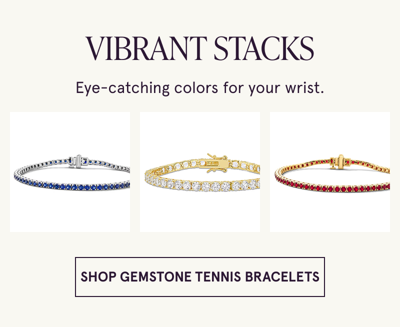 Three gemstone tennis bracelets. Eye-catching colors for your wrist. Click here to shop gemstone tennis bracelets