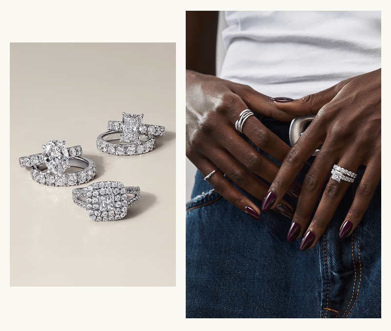Set of large stone diamond rings alongside a model wearing bold diamond bands.