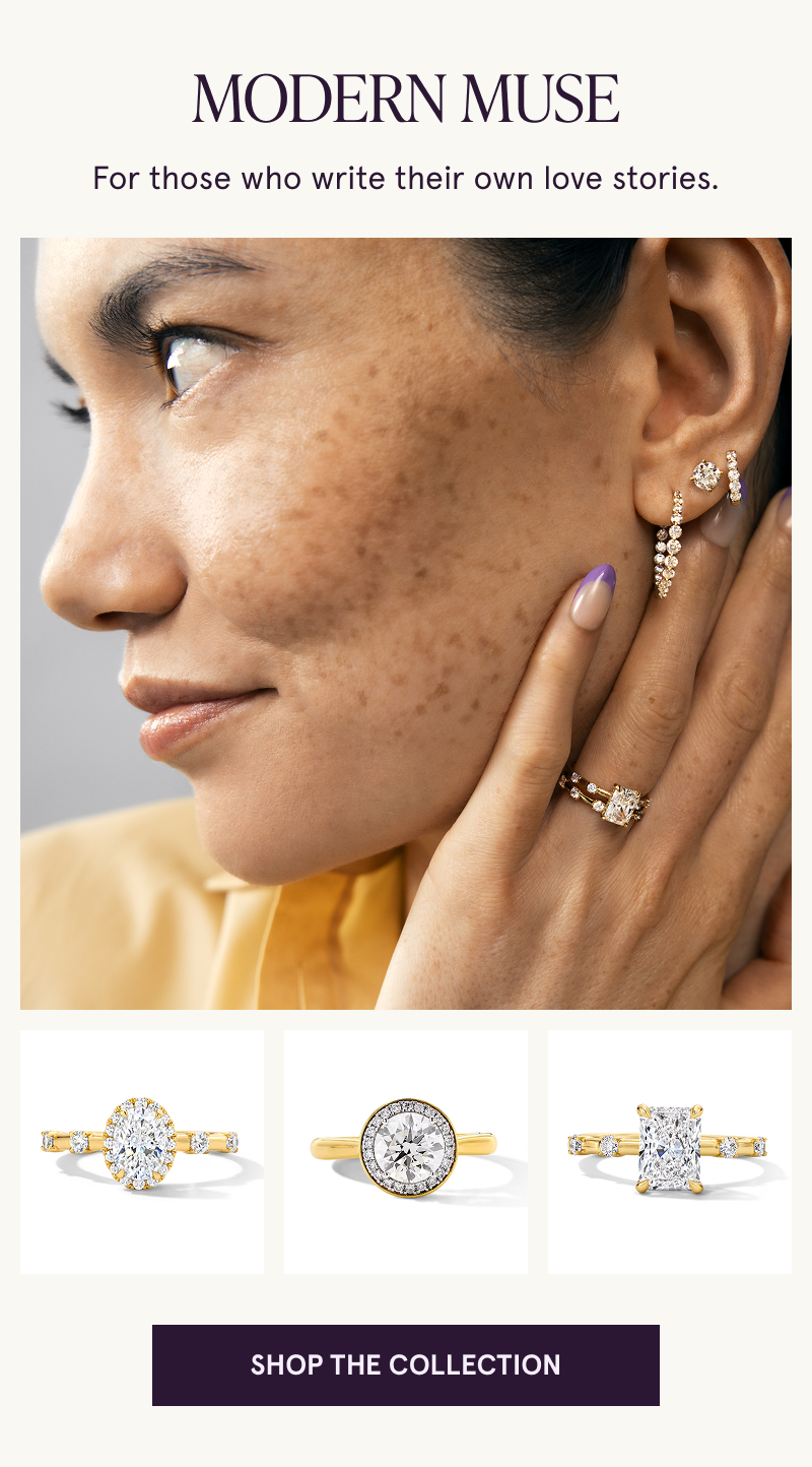Model wearing radiant cut engagement ring with similar styles below. Modern Muse. Click to shop collection