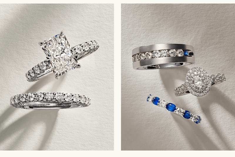 Radiant cut diamond ring & paved band & channel set band, halo ring & sapphire band.