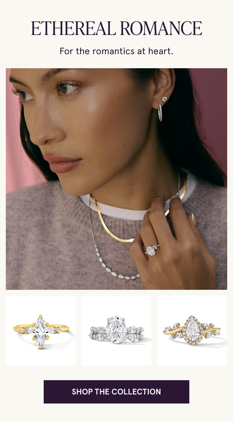 Model wearing engagement ring with leaf shaped stones and similar styles below. Ethereal Romance. Click to shop collection