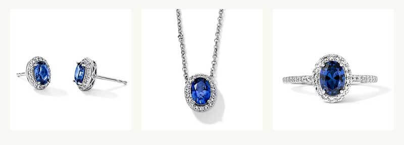Set of silver studs, ring & pendant chain with diamond accents & blue gemstones.