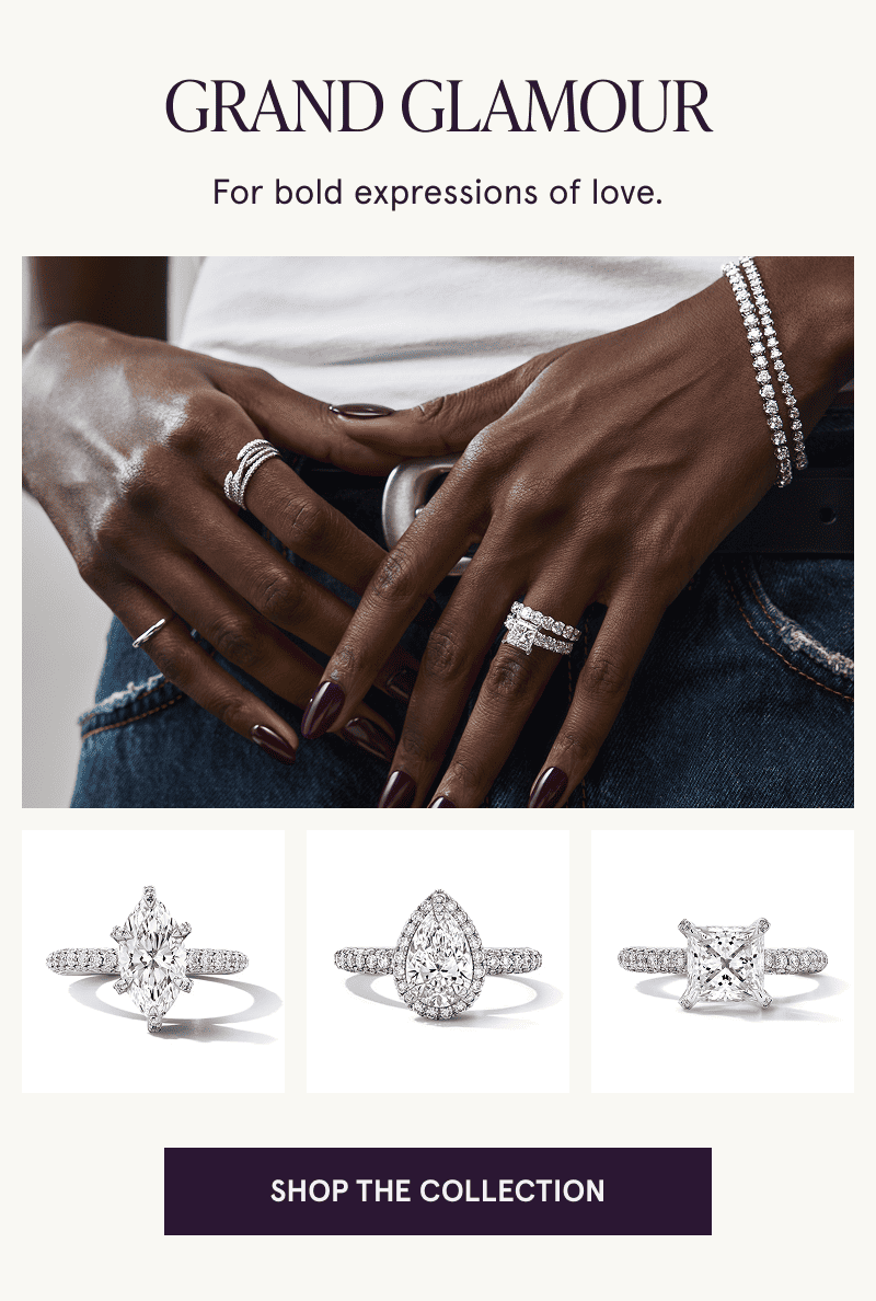 A model wearing a bridal set with close ups of engagement rings below. Grand Glamour. Click to shop the collection