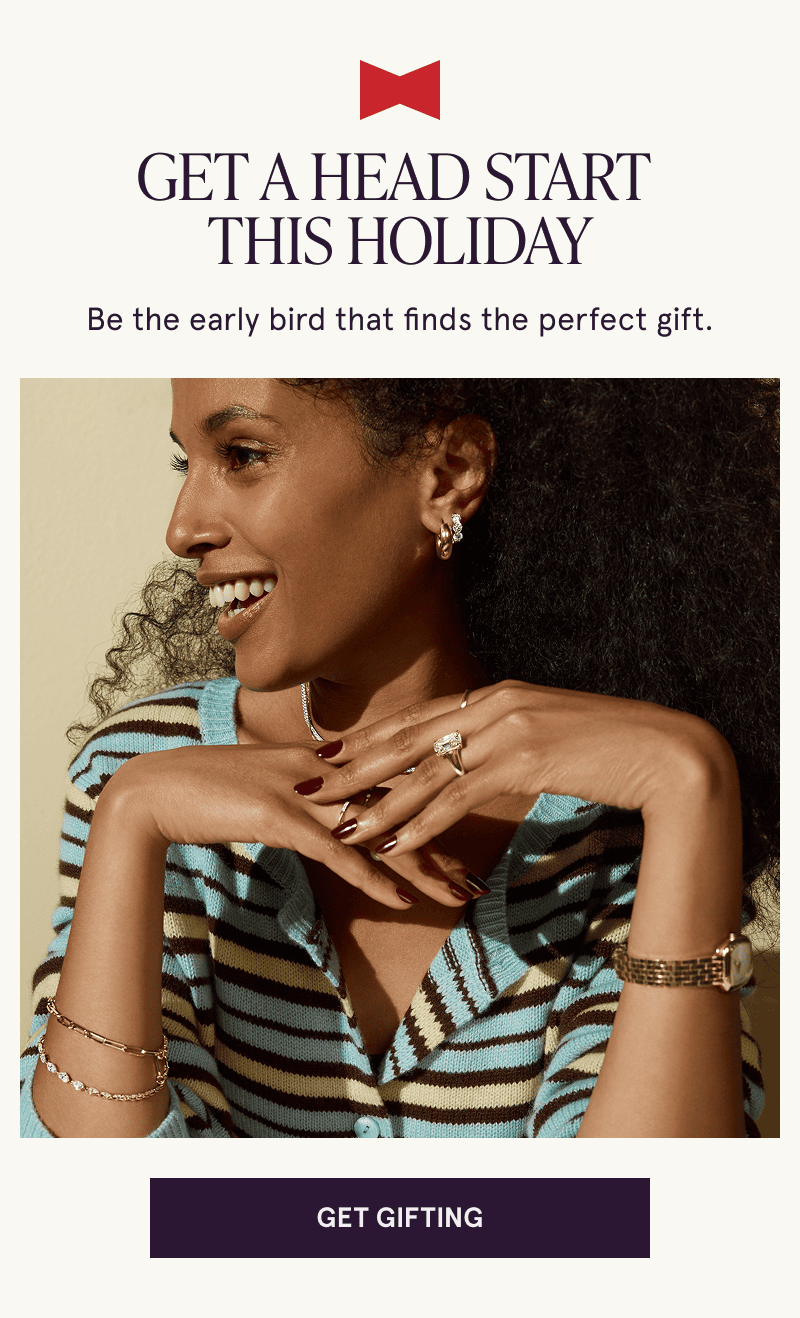 A model wearing gold diamond jewelry. Get a head start this holiday. Click here to get gifting