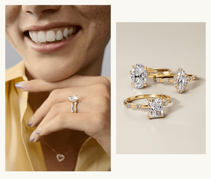 Smiling model wearing a solitaire diamond ring next to a cluster of yellow gold rings.