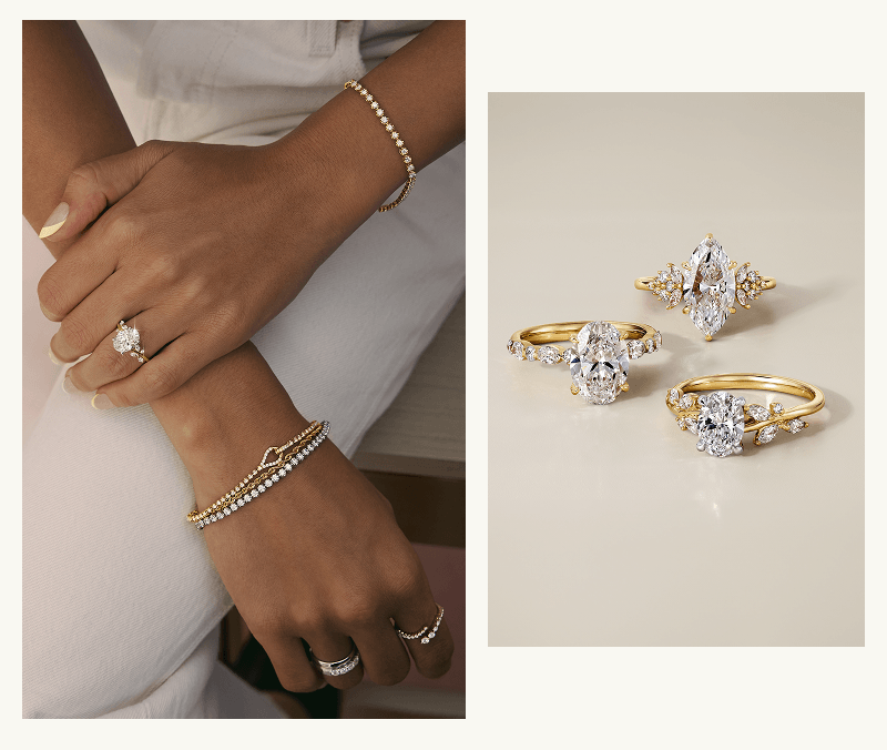 Model wearing delicate diamond rings & bracelets next to a display of gold engagement rings.