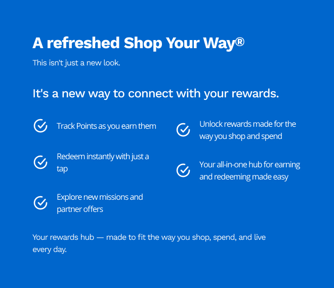 A refreshed Shop Your Way® This isn't just a new look. | It's a new way to connect with your rewards | Track Points as you earn them | Redeem instantly with just a tap | Explore new missions and partner offers | Unlock rewards made for the way you shop and spend  | Your all-in-one hub for earning and redeeming made easy | Your rewards hub - made to fit the way you shop, spend, and live every day. 
