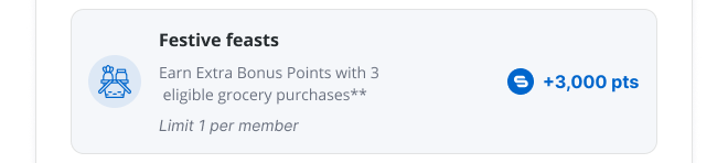 Festive feasts | Earn Extra Bonus Points with 3 eligible grocery purchases.** | Limit 1 per member | 3,000 pts