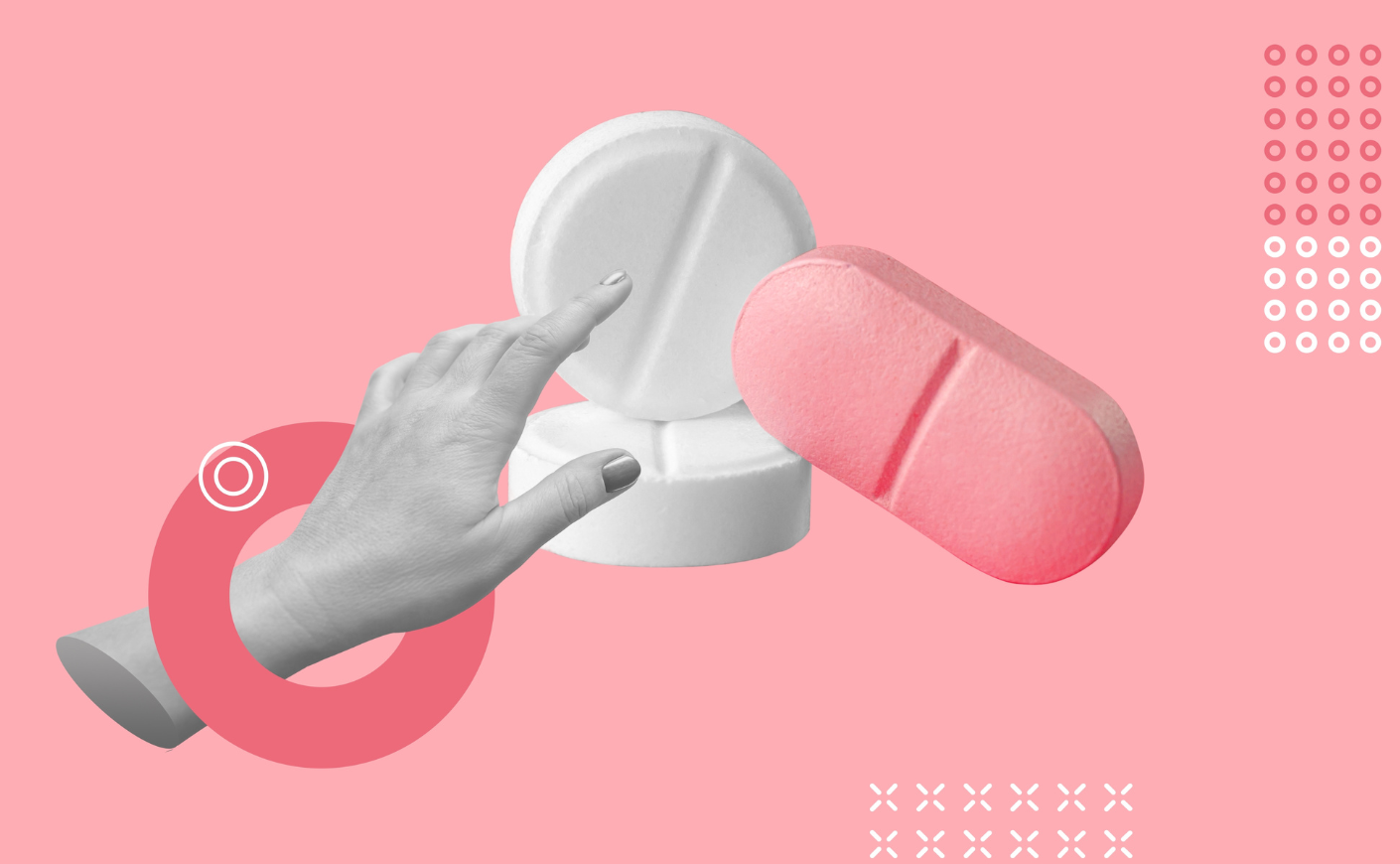 illustration of a hand reaching for pink and white pills