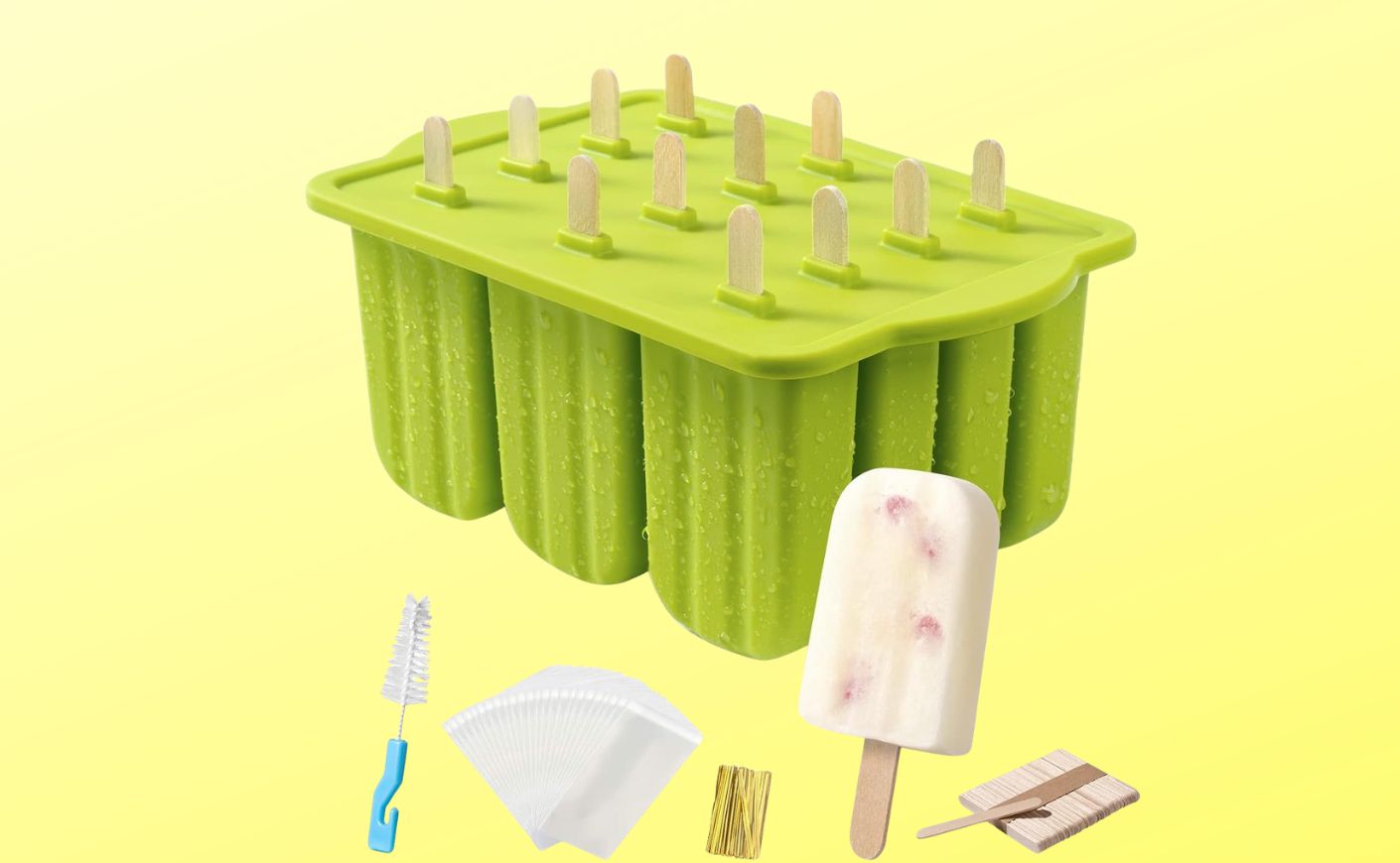A silicone popsicle mold with accessories.