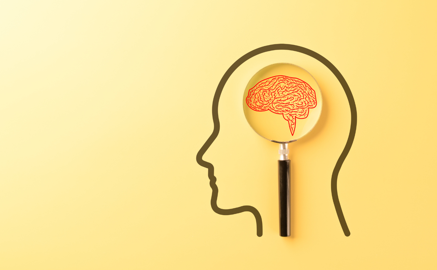 Illustration of a silhouetted head with a brain inside a magnifying glass