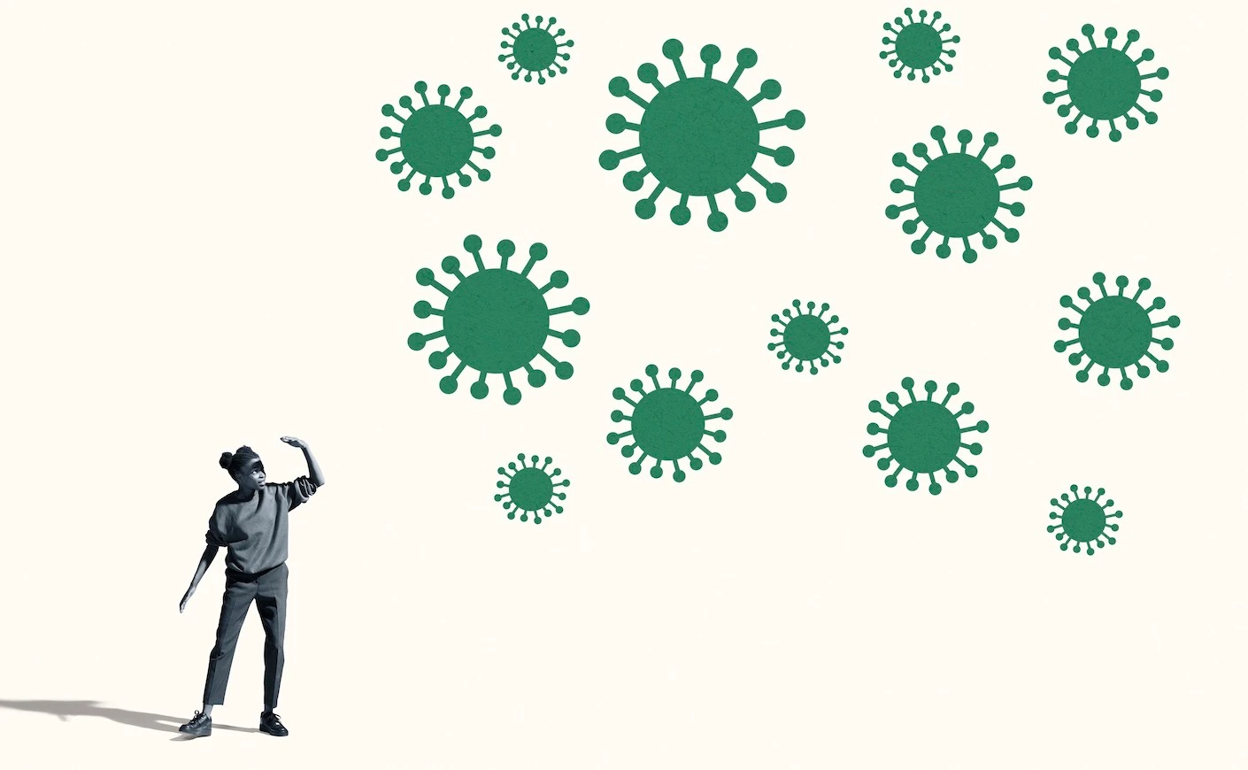Illustration of a person standing next to oversized spores of a virus