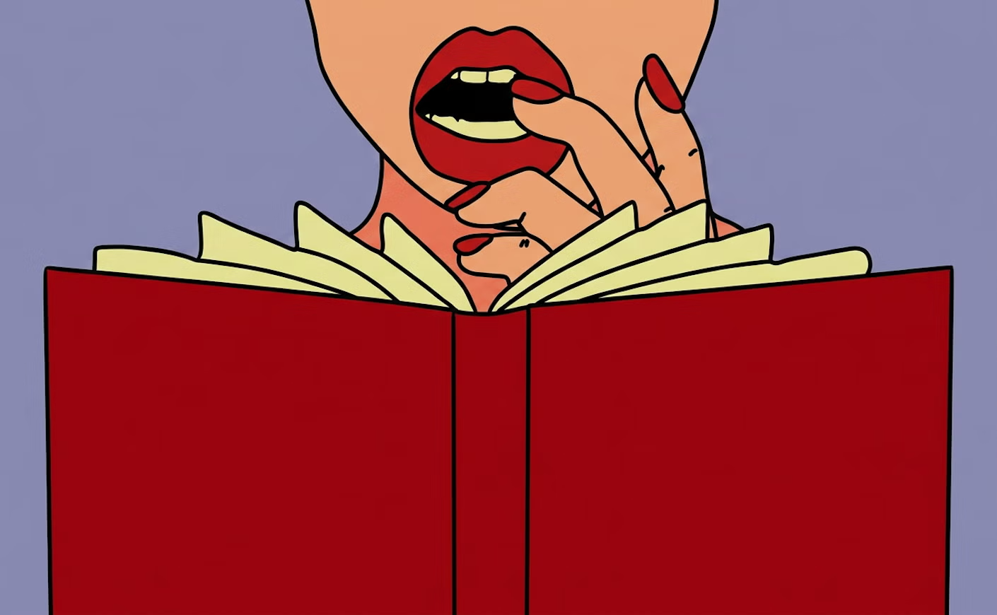 Illustration of a woman biting her fingernail while reading a book