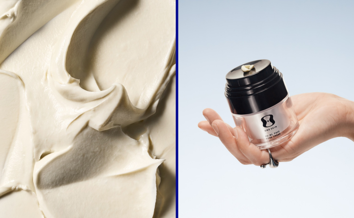 Side-by-Side of texture of OneSkin cream and the jar of the cream