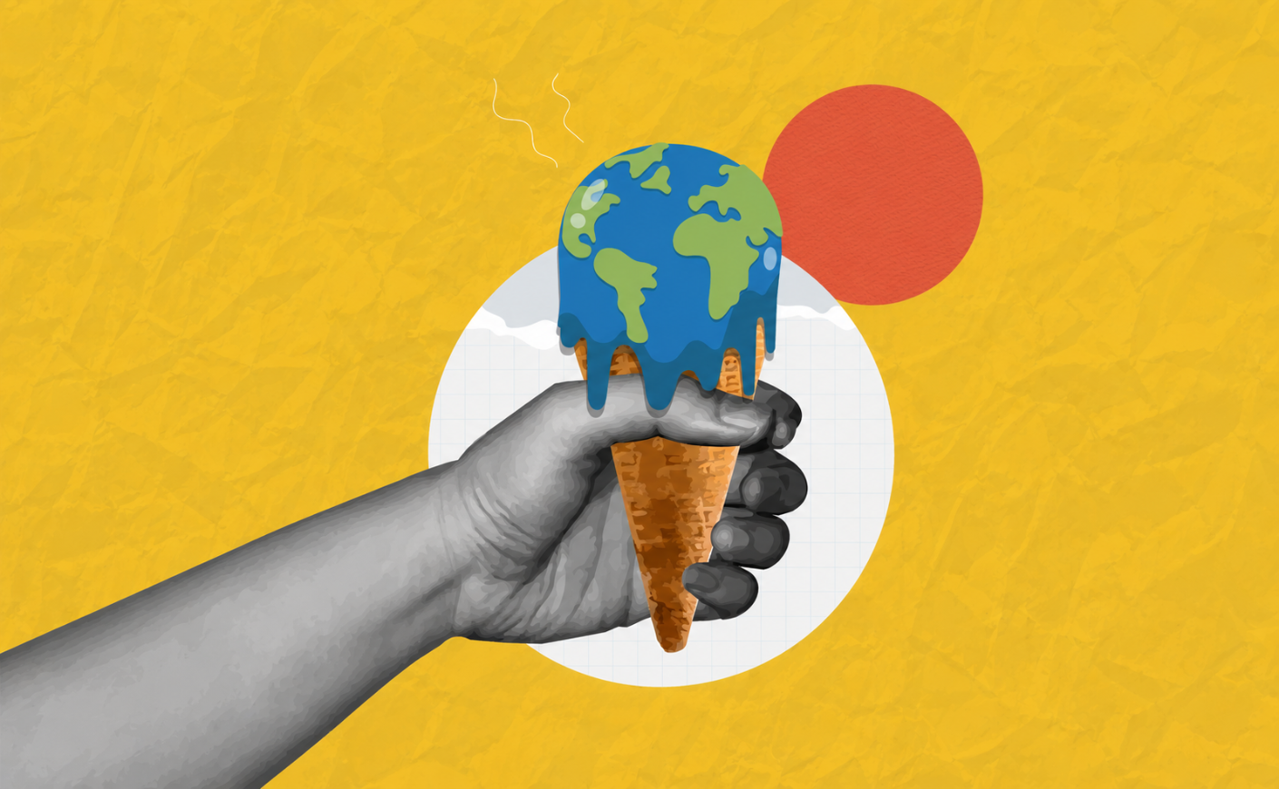 An illustration of Earth melting like an ice cream cone in a person's hand.