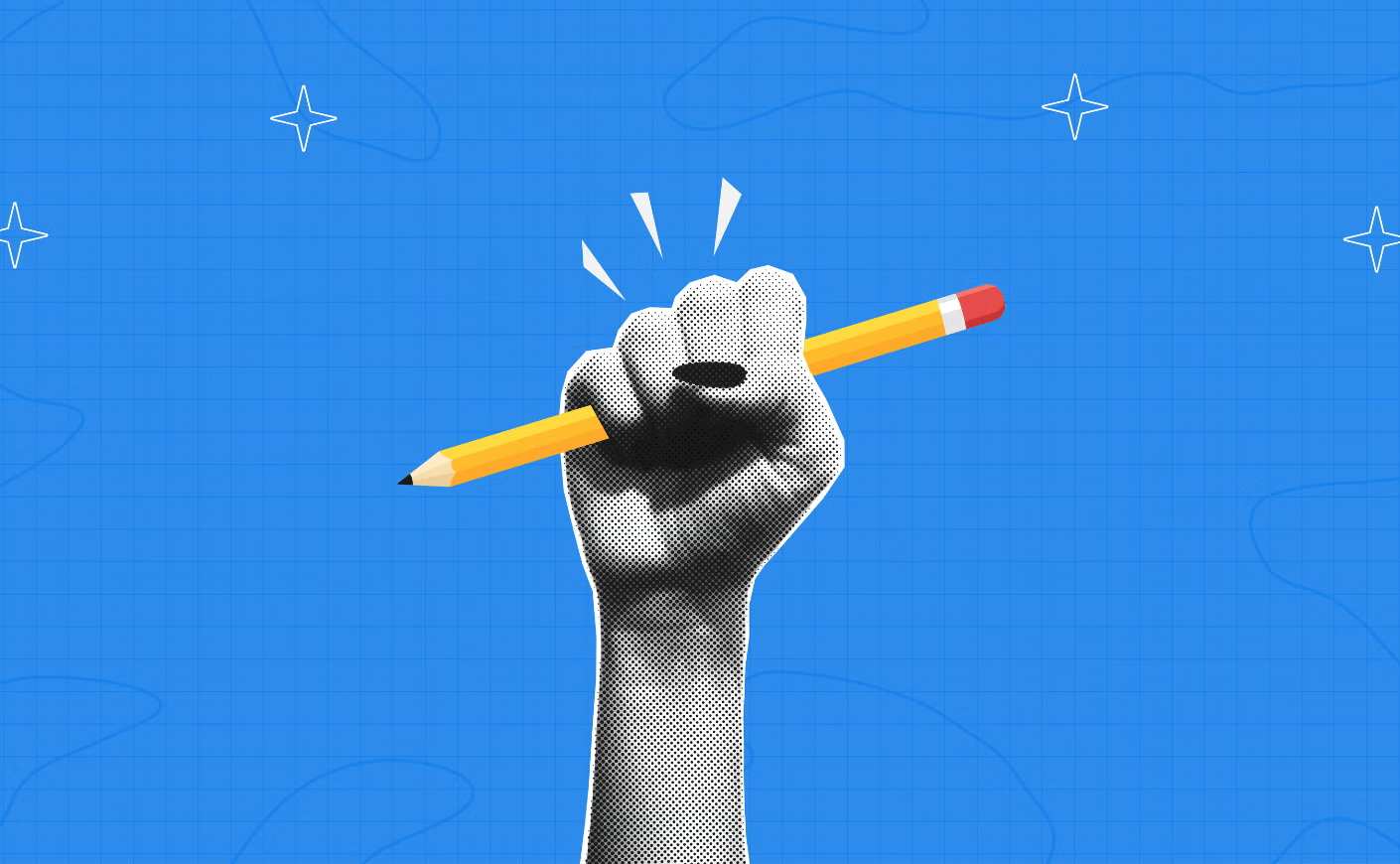 A black-and-white fist in a pointillist style holding an illustrated pencil