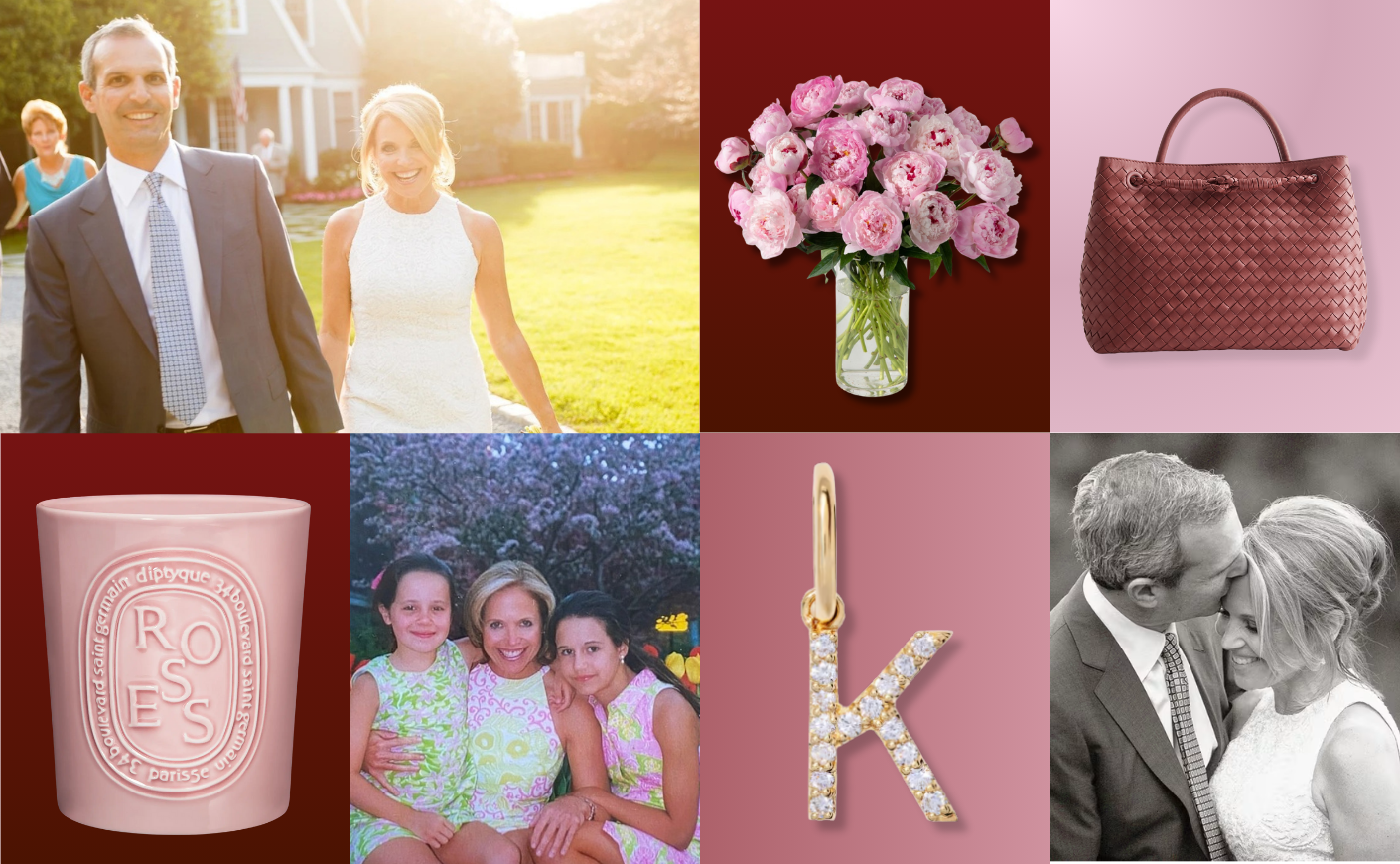 Grid of Valentine's day gifts along with photos of Katie Couric and John Molner