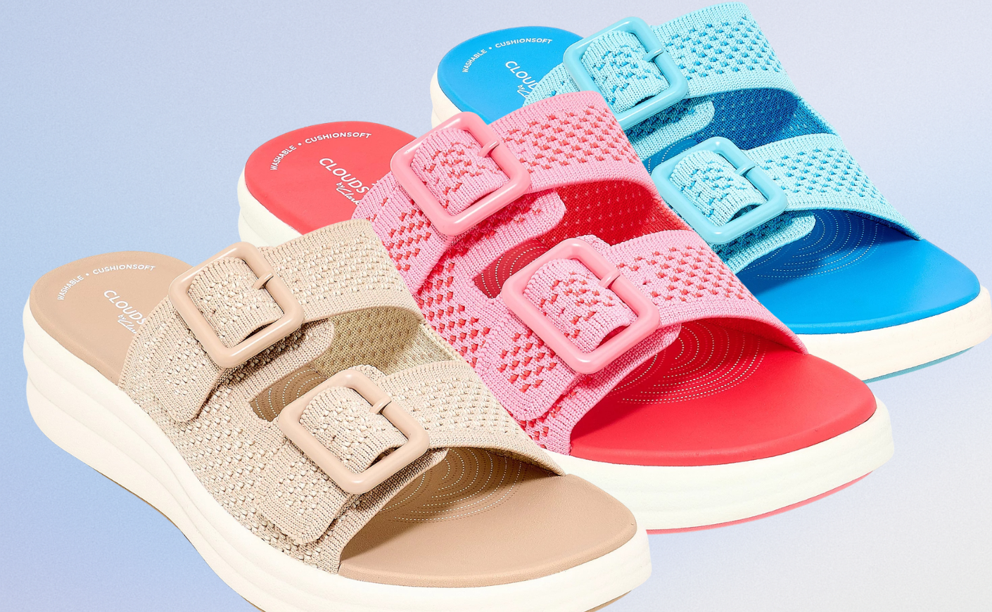 Sandals in beige, pink, and blue
