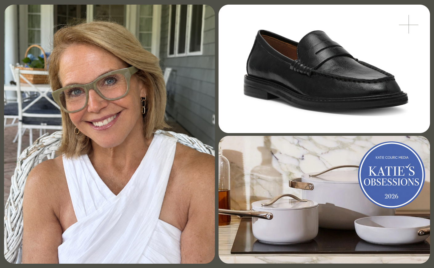 Katie Couric in a pair of green glasses; a black loafer; pots and pans on a stove; a Katie's Obsessions 2026 badge