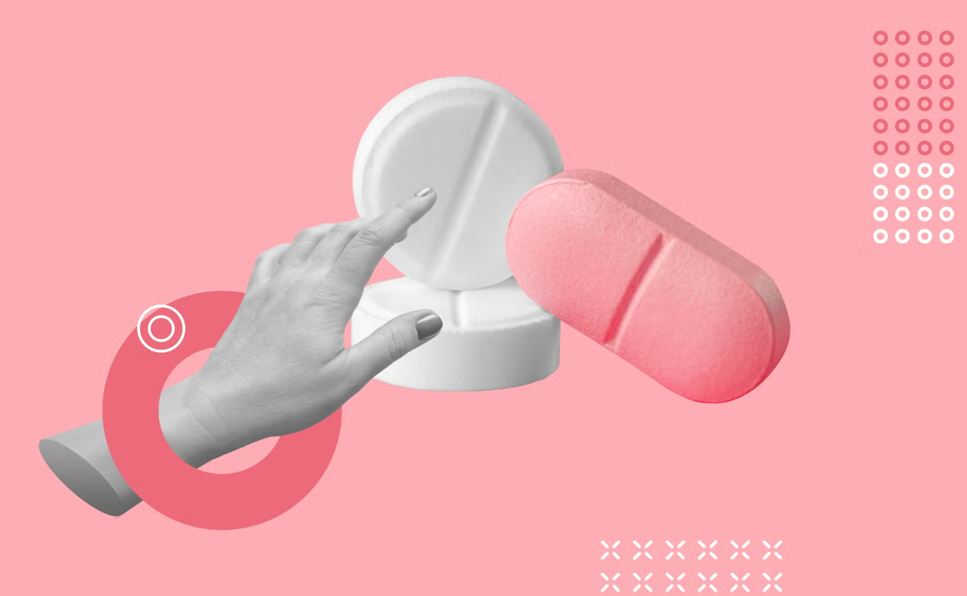 Illustration of a hand reaching for giant white and pink pills