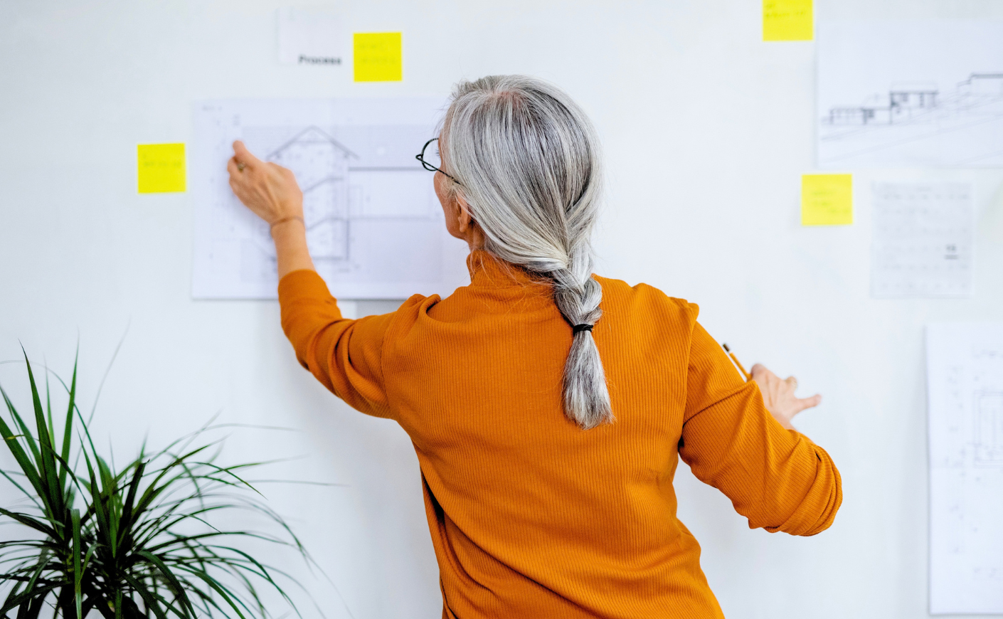 Woman with gray hair working on a wall of architectural renderings