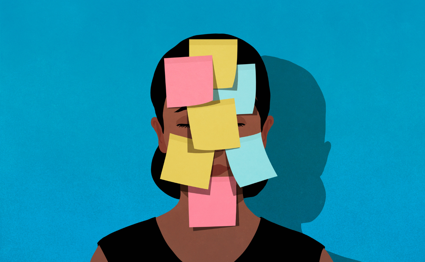 Illustration of a woman whose face is covered in post-it notes