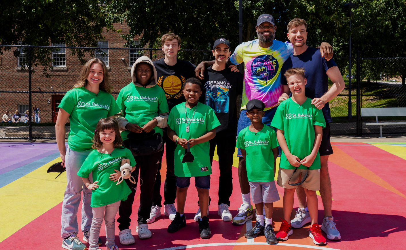 St. Baldrick’s Honored Kids Back row (L to R): Nolan Hansen, Member of “Beast Gang,” Tareq Salameh, Member of “Beast Gang,” LeBron James, Jimmy (MrBeast) Donaldson