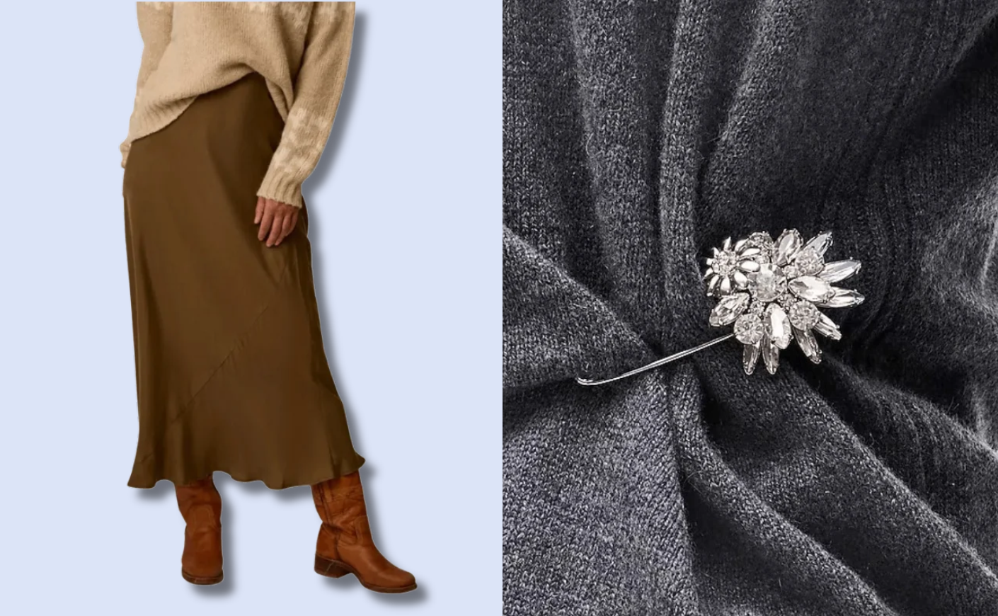 Woman in a beige sweater, brown skirt, and leather boots, next to a silver brooch