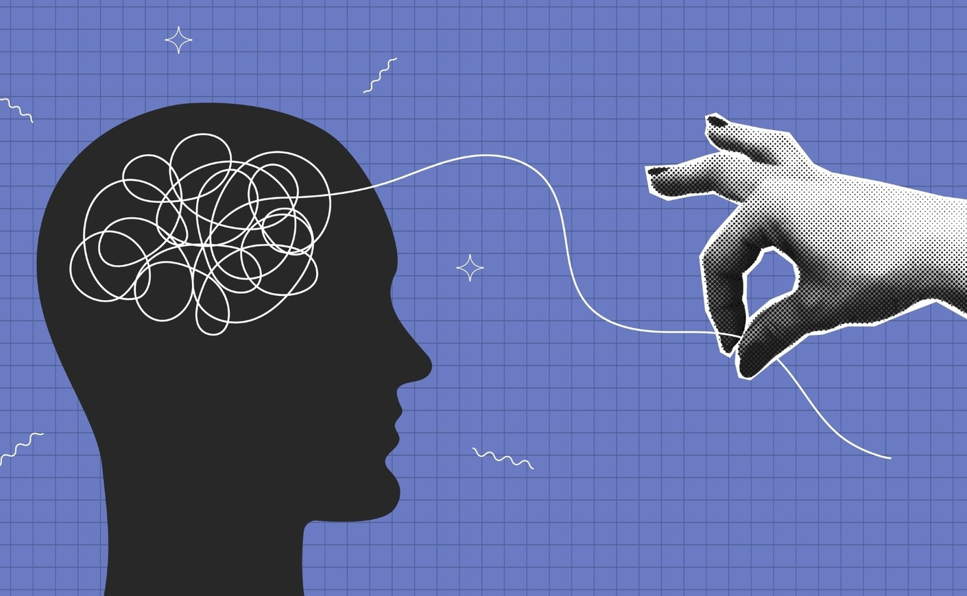 Illustration of a hand pulling a string from the silhouette of a person's head