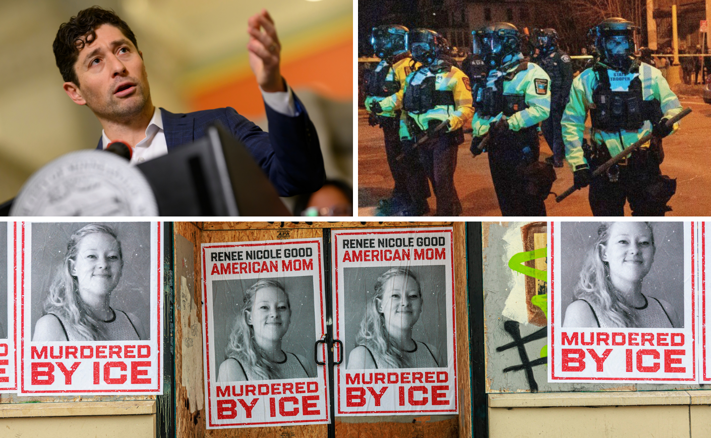 Minneapolis Mayor Jacob Frey; masked ICE agents; Posters reading: Renee Nicole Good, American Mom Murdered by ICE