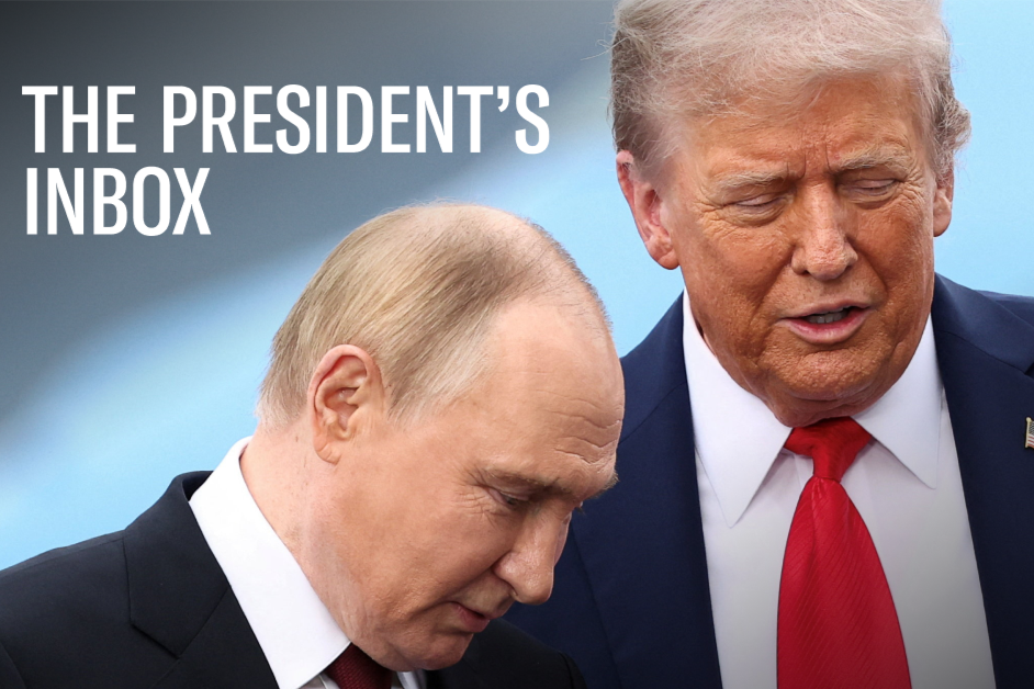 Image Donald Trump and Vladimir Putin speaking, overlaid with The President's Inbox logo.