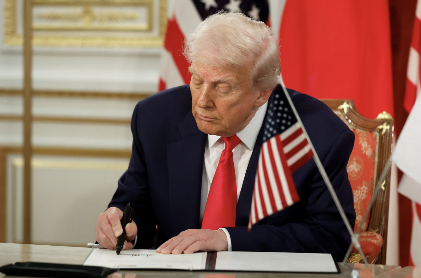 US President Donald Trump during a signing ceremony for a document on the implementation of the US Japan trade deal with Sanae Takaichi, Japan’s prime minister, not photographed, at Akasaka Palace state guest house in Tokyo, Japan, on Tuesday, Oct. 28, 2025. Kiyoshi Ota/Pool via REUTERS