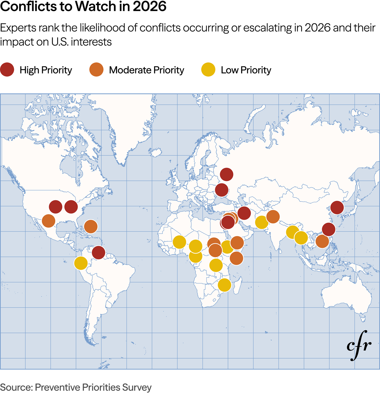 Conflicts to watch in 2026 on a map.