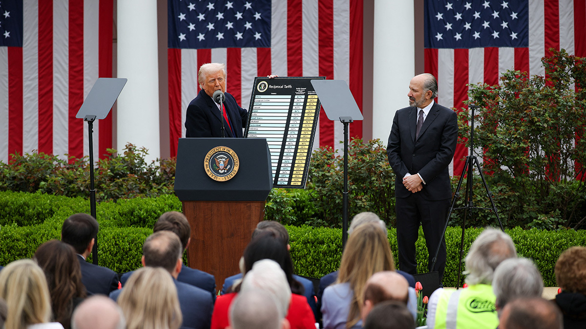 U.S. President Donald Trump delivers remarks on tariffs in the Rose Garden at the White House in Washington, D.C., on April 2