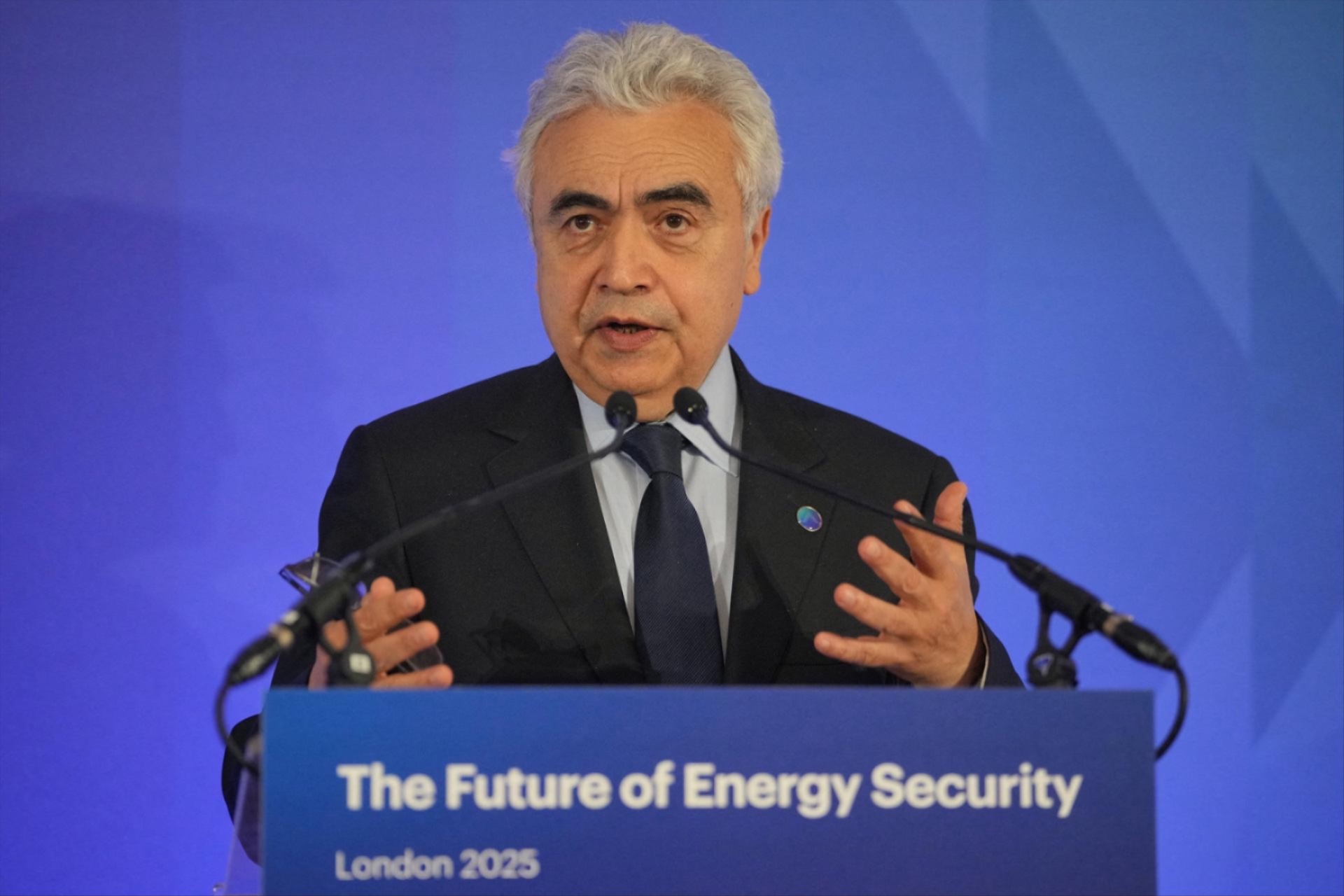 Fatih Birol speaks at a press conference on day two of the International Summit on the Future of Energy Security at Lancaster House in London, April 25, 2025.