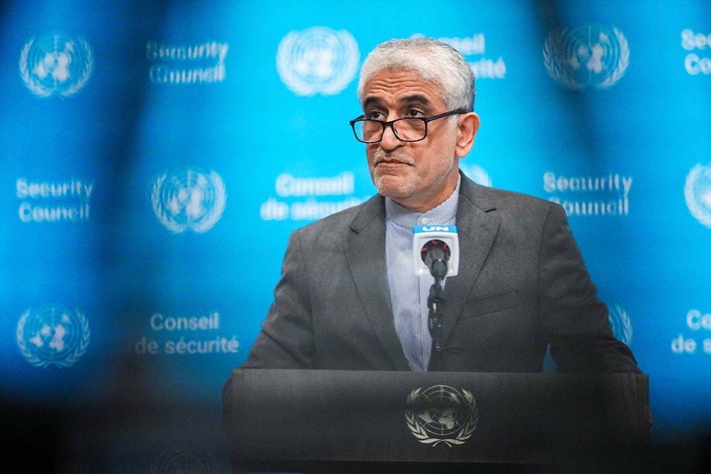 Iran’s Ambassador to the United Nations Amir-Saeid Iravani speaks at a stakeout at the UN headquarters in New York City, September 19, 2025.
