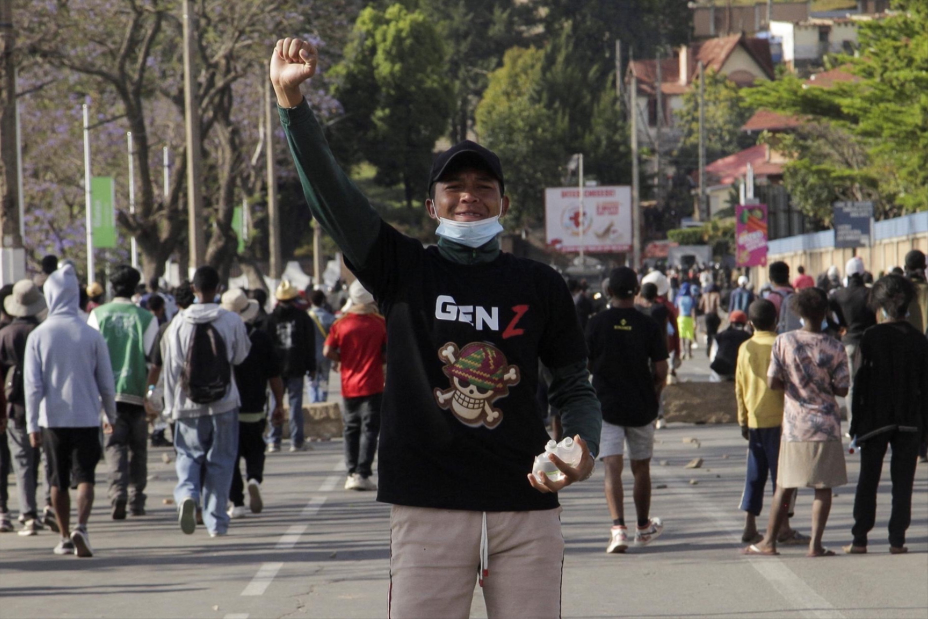 A person gestures during a nationwide youth-led protest against frequent power outages and water shortages, in Antananarivo, Madagascar on October 4, 2025.